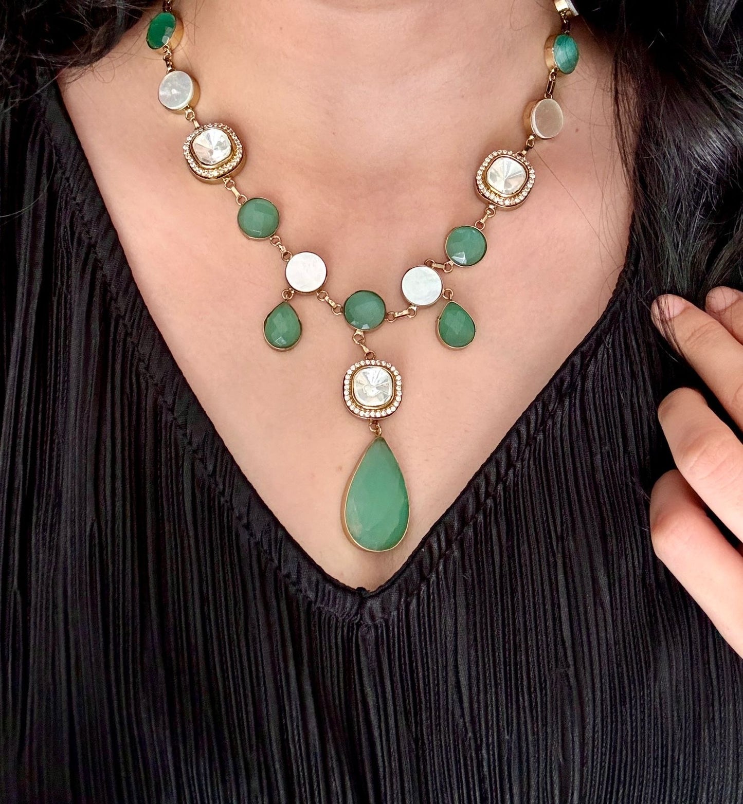 Green Polki Necklace set with Earrings