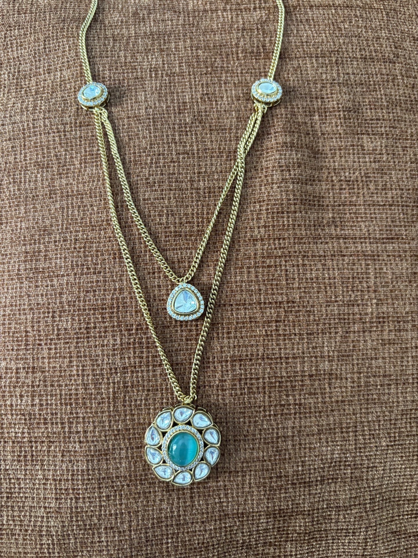 Green Polki Pendant Chain Layered Set