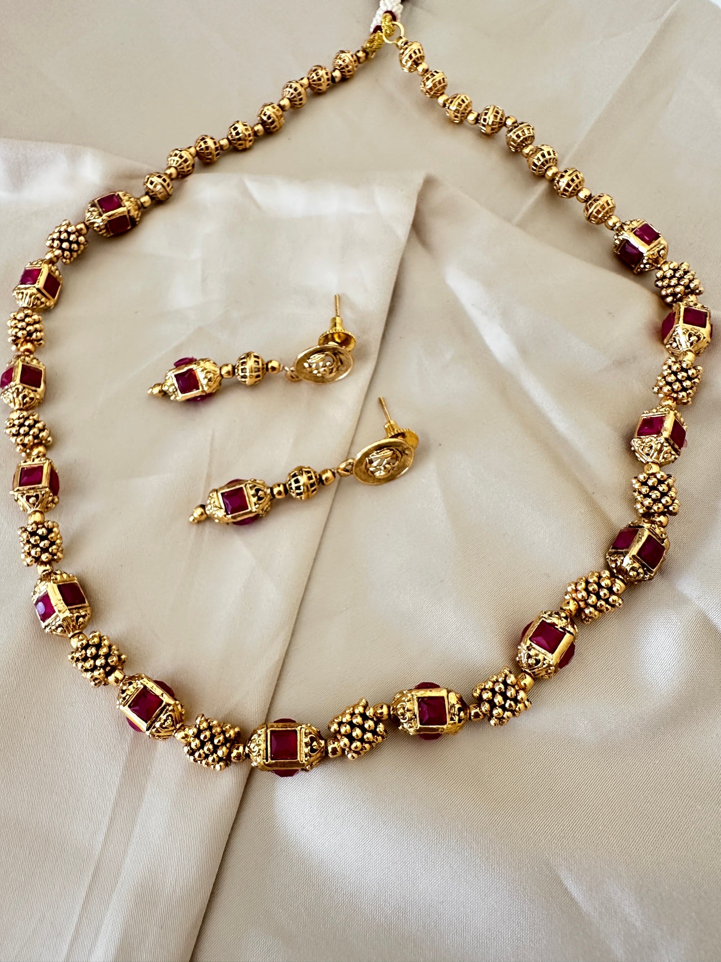 Golden Beaded Mala Necklace with Earrings