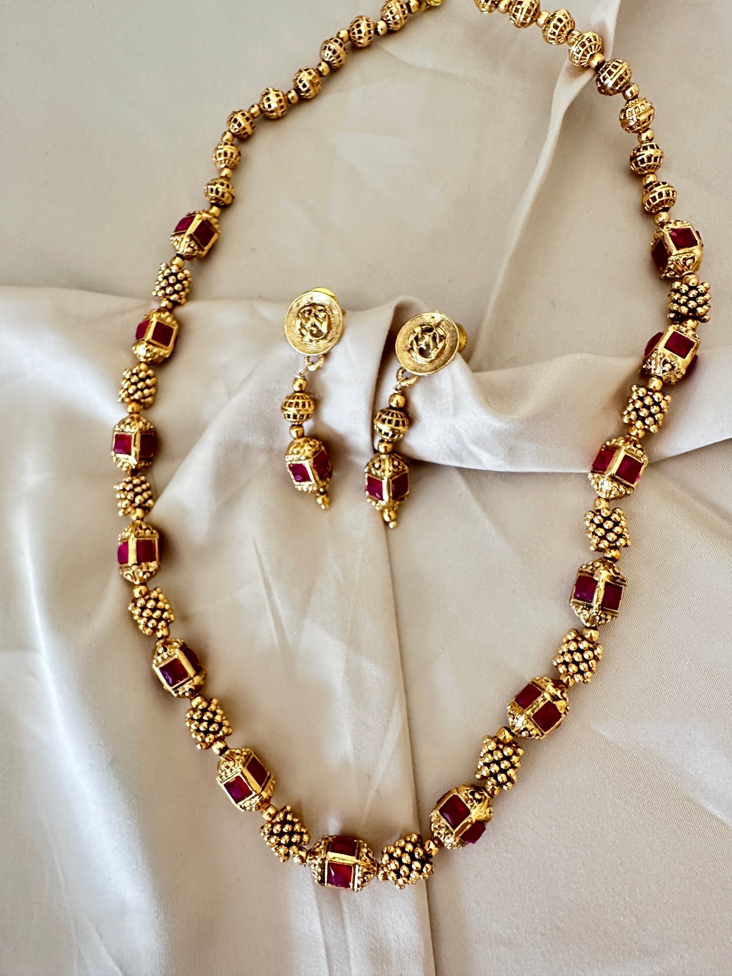 Golden Beaded Mala Necklace with Earrings