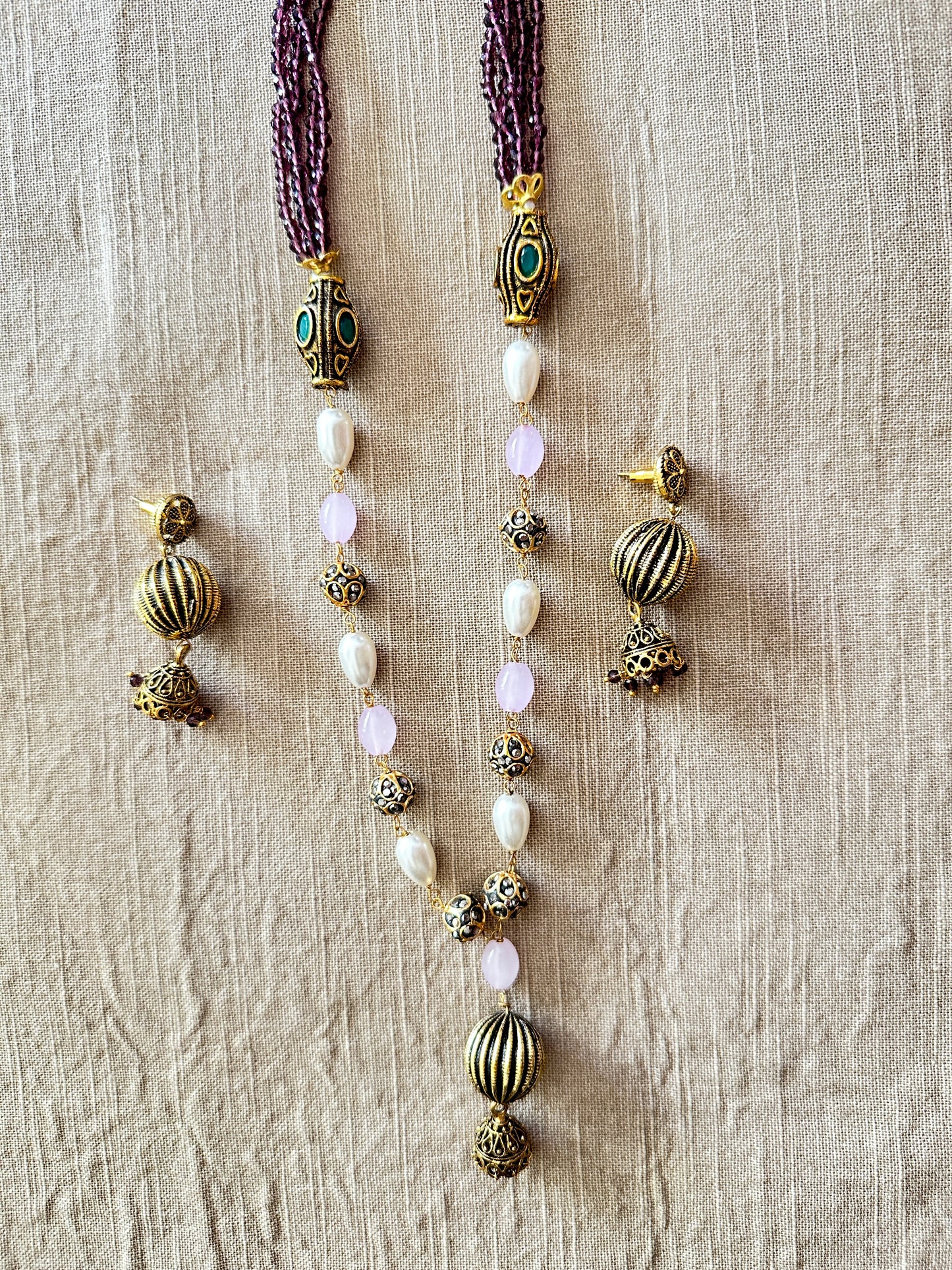 Pink Beaded Necklace set with earrings