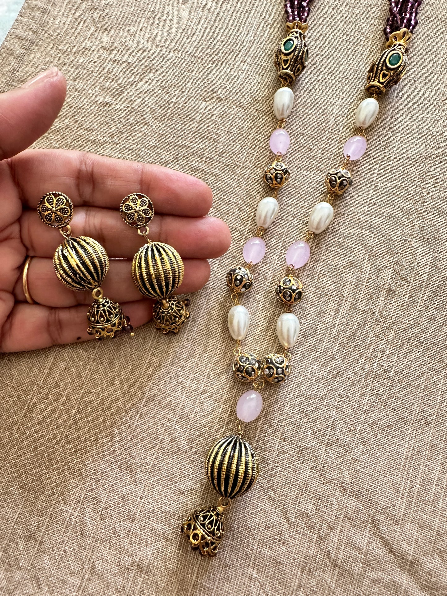 Pink Beaded Necklace set with earrings