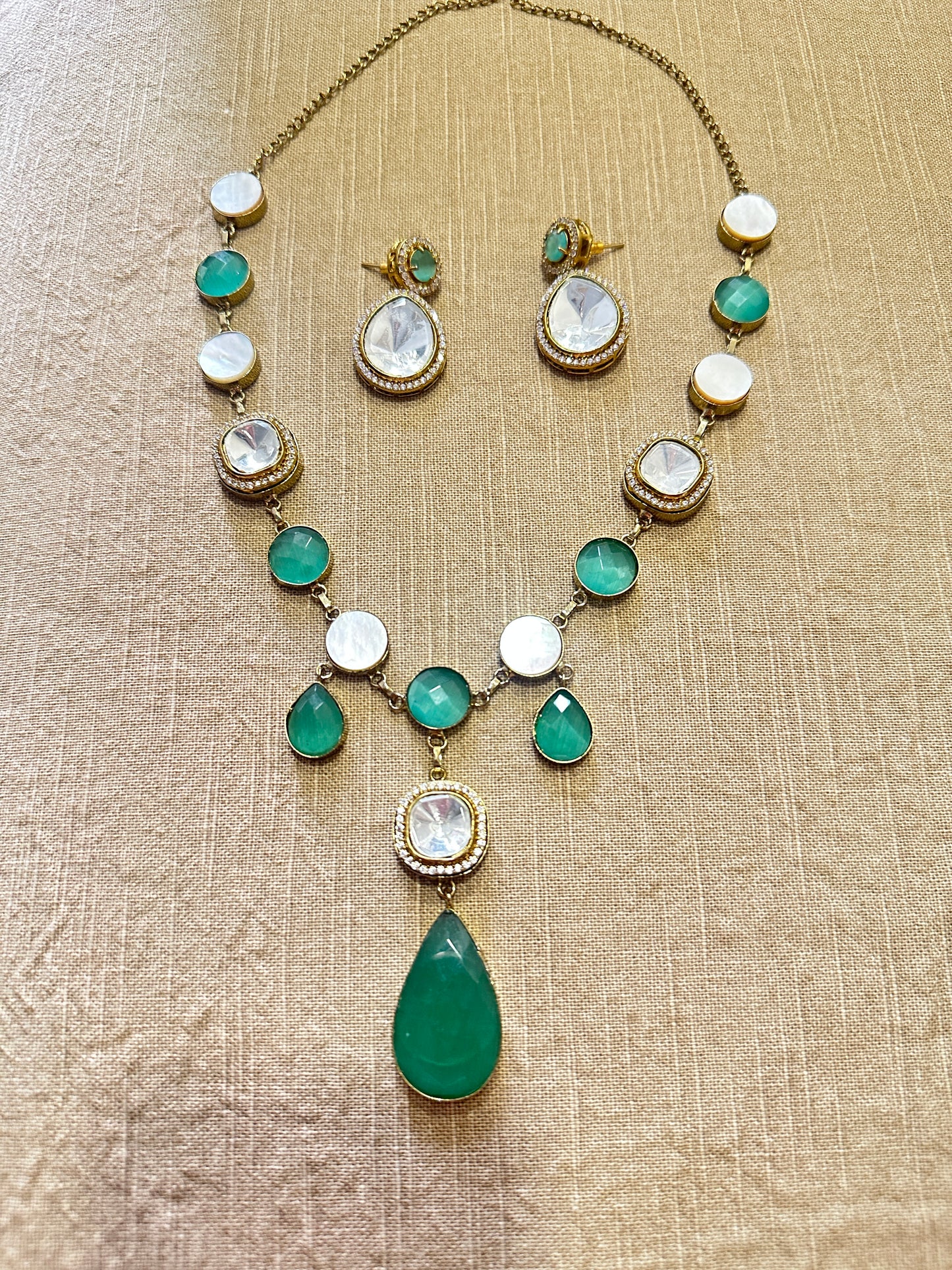 Green Polki Necklace set with Earrings
