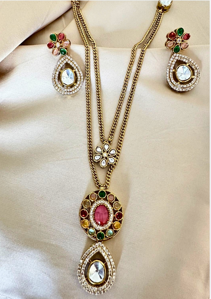 Traditional Pink Multi Kaarigari Pendant Set