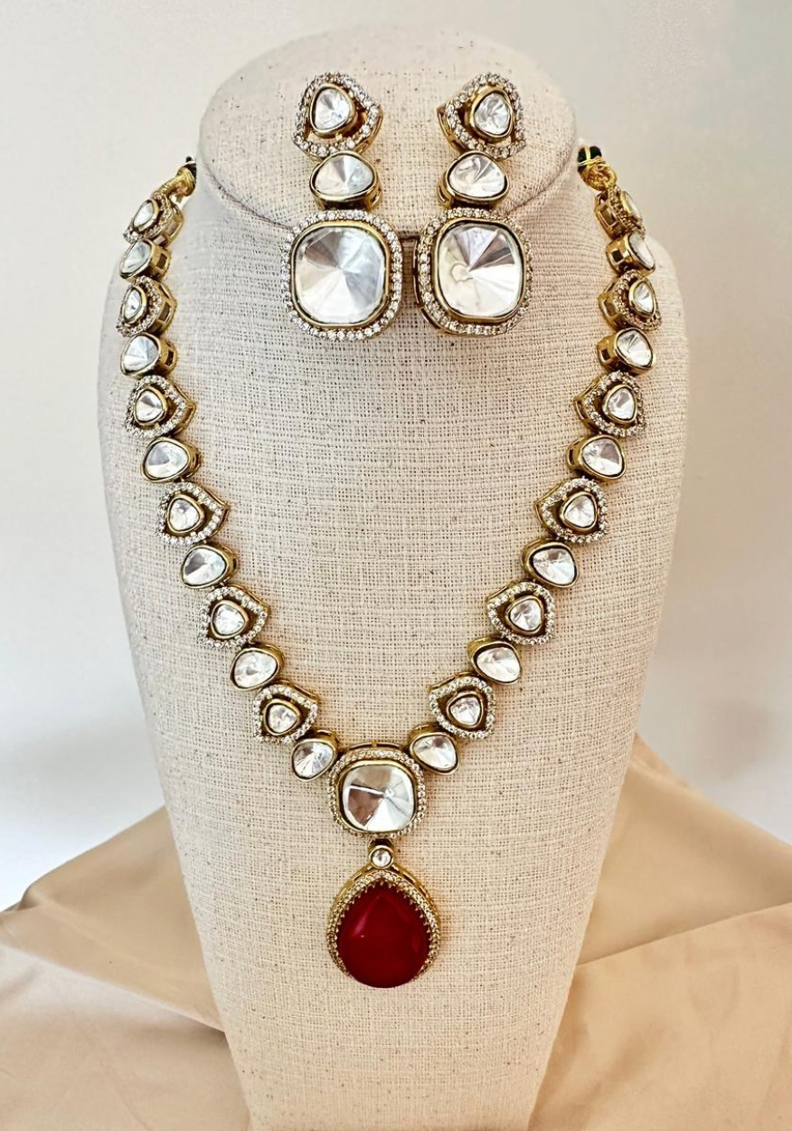 Ruby Red Polki Necklace with Earrings