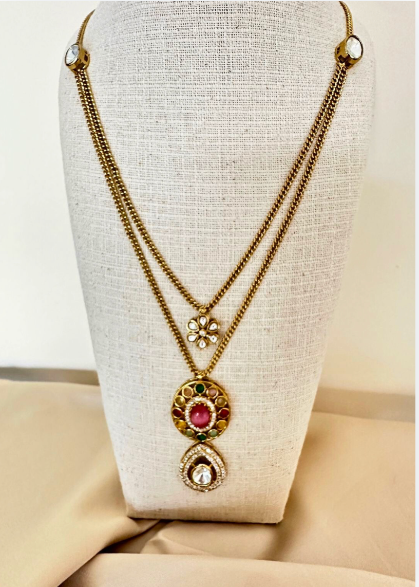 Traditional Pink Multi Kaarigari Pendant Set