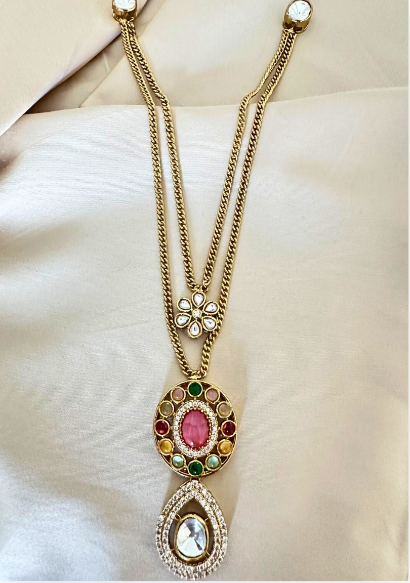 Traditional Pink Multi Kaarigari Pendant Set
