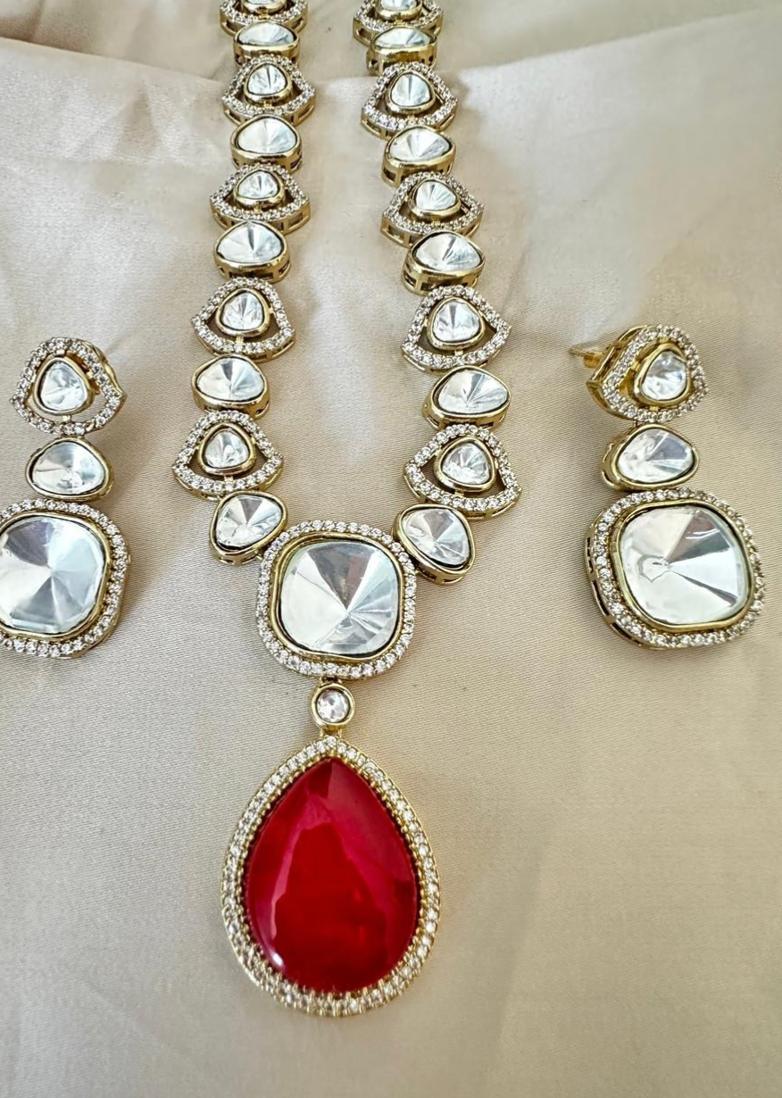 Ruby Red Polki Necklace with Earrings