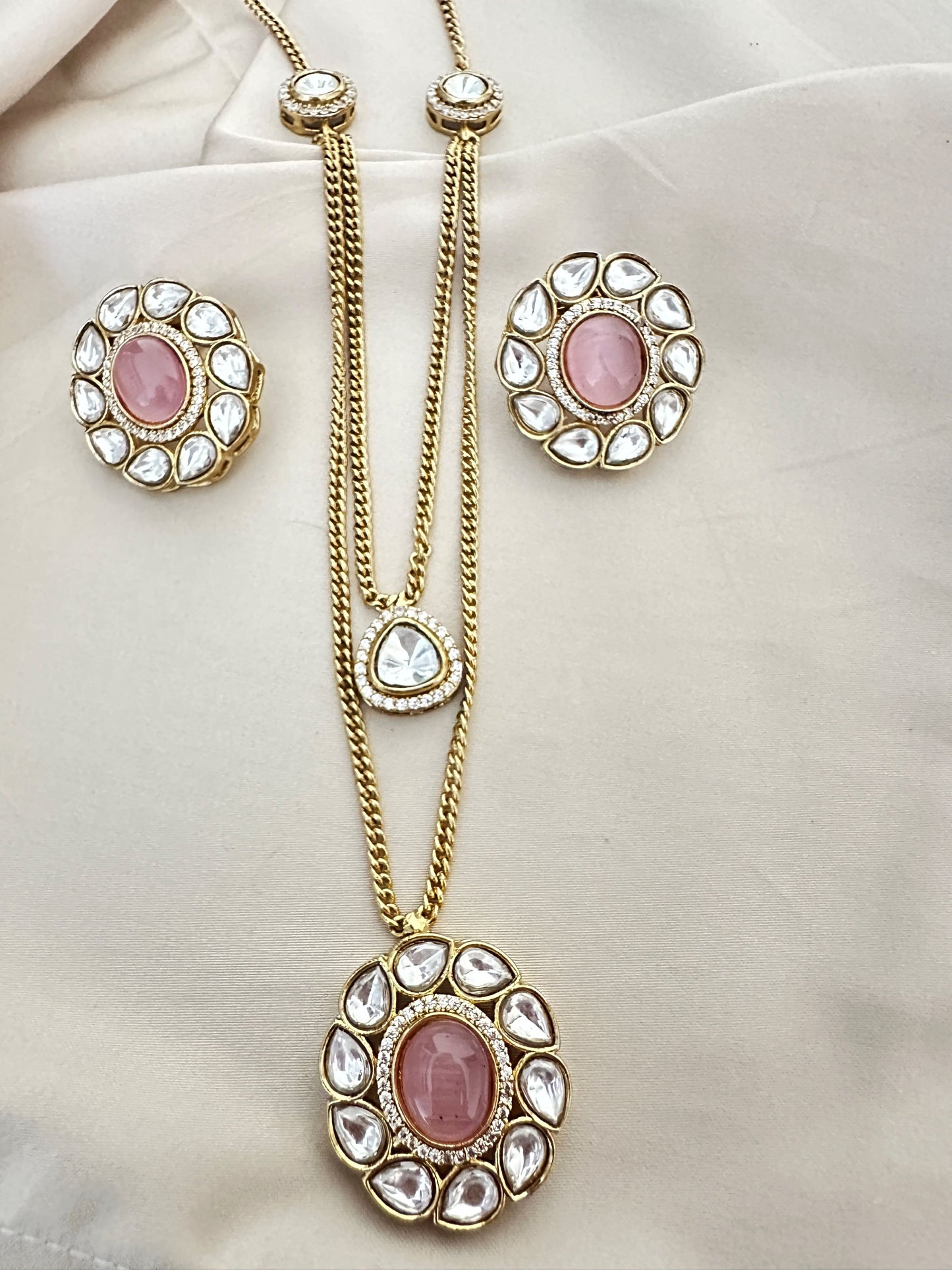 Pink Polki Pendant Set