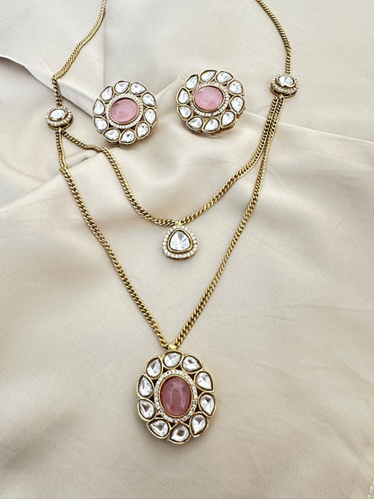 Pink Polki Pendant Set