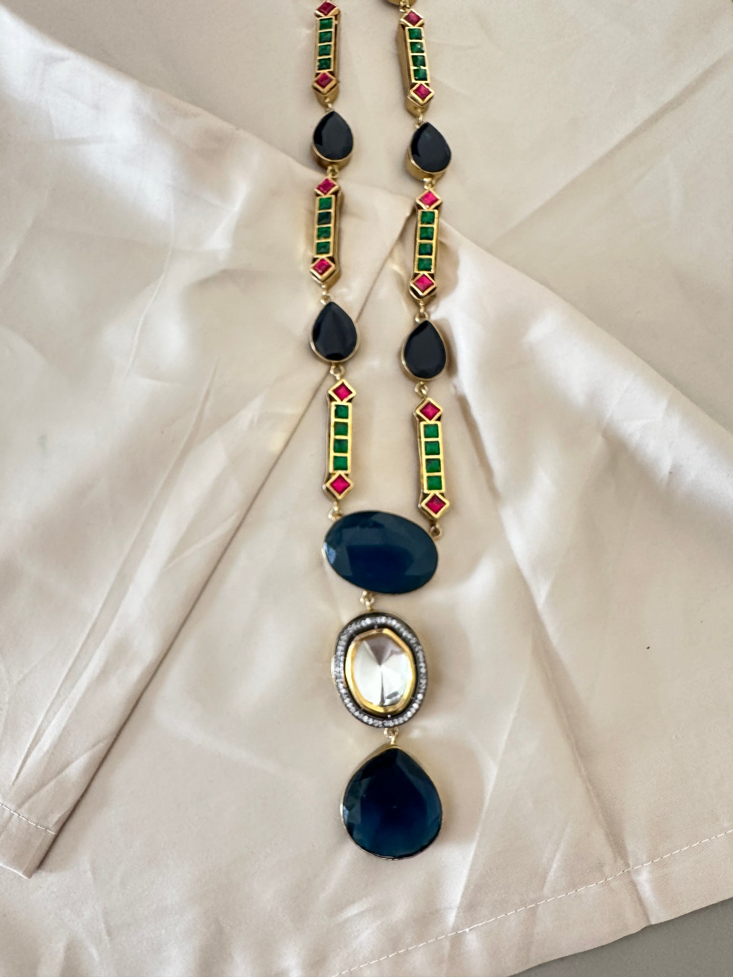 Blue Jadau Meena Beaded necklace with earrings