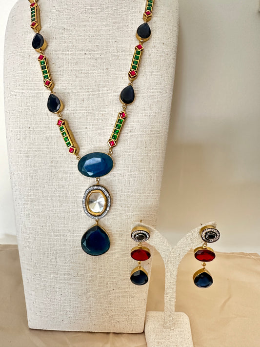 Blue Jadau Meena Beaded necklace with earrings