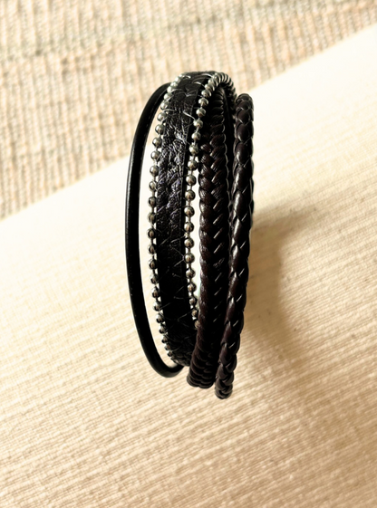 Black Silver String Leather Bracelet