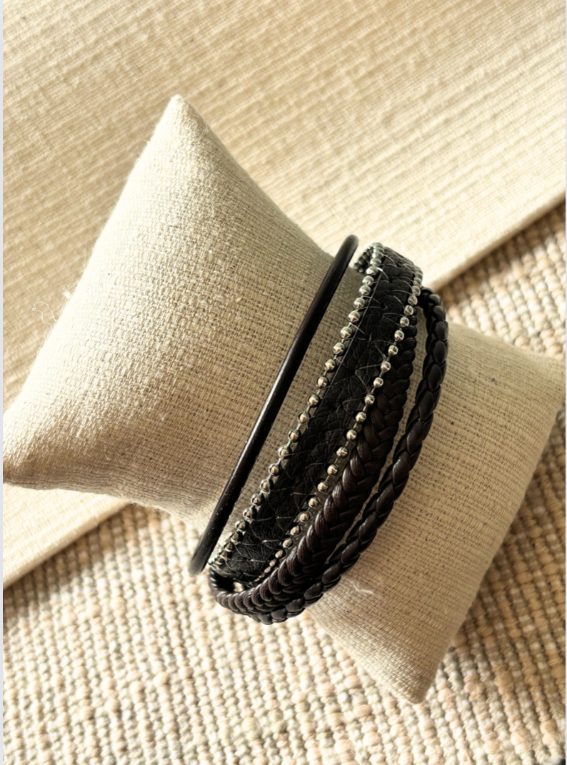 Black Silver String Leather Bracelet