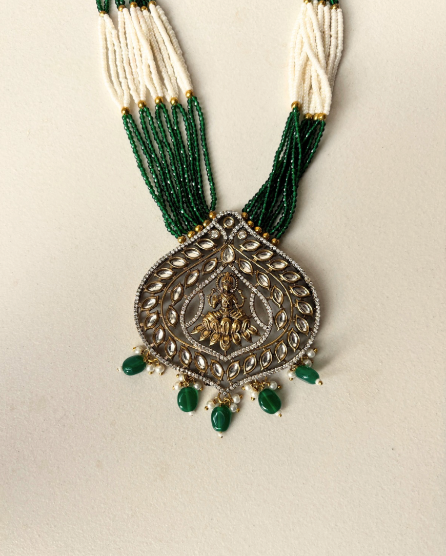 Emerald oxidized Temple Pendant Set with earrings